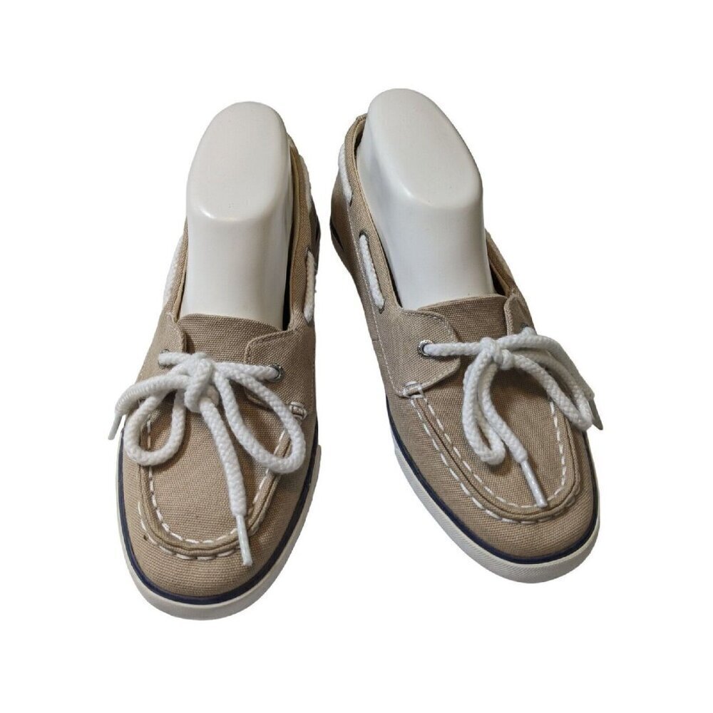 Nautica Womens Size 9 Boat Shoes Tan Canvas White Laced Deck Marine Flats Casual - Picture 1 of 11